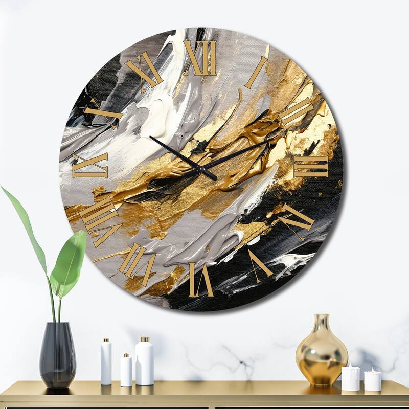 Designart "Dreams Of Abundance Black And Gold I" Abstract Painting Oversized Wall Clock - 36 In. Wide x 36 In. High