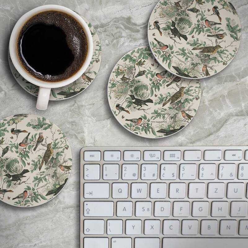 Honeybloom Birds 4 Pack Round Absorbent Stone Coasters with Protective Cork Backing Manufactured in The USA