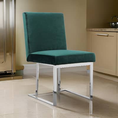 Boly 19 Inch Dining Chair, Set of 2, Green Velvet, Foam, Chrome Steel Base