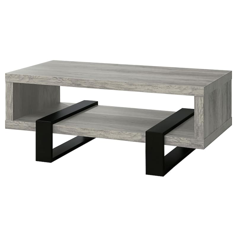 Modern Driftwood Open Shelf Coffee Table, Gray and Brown
