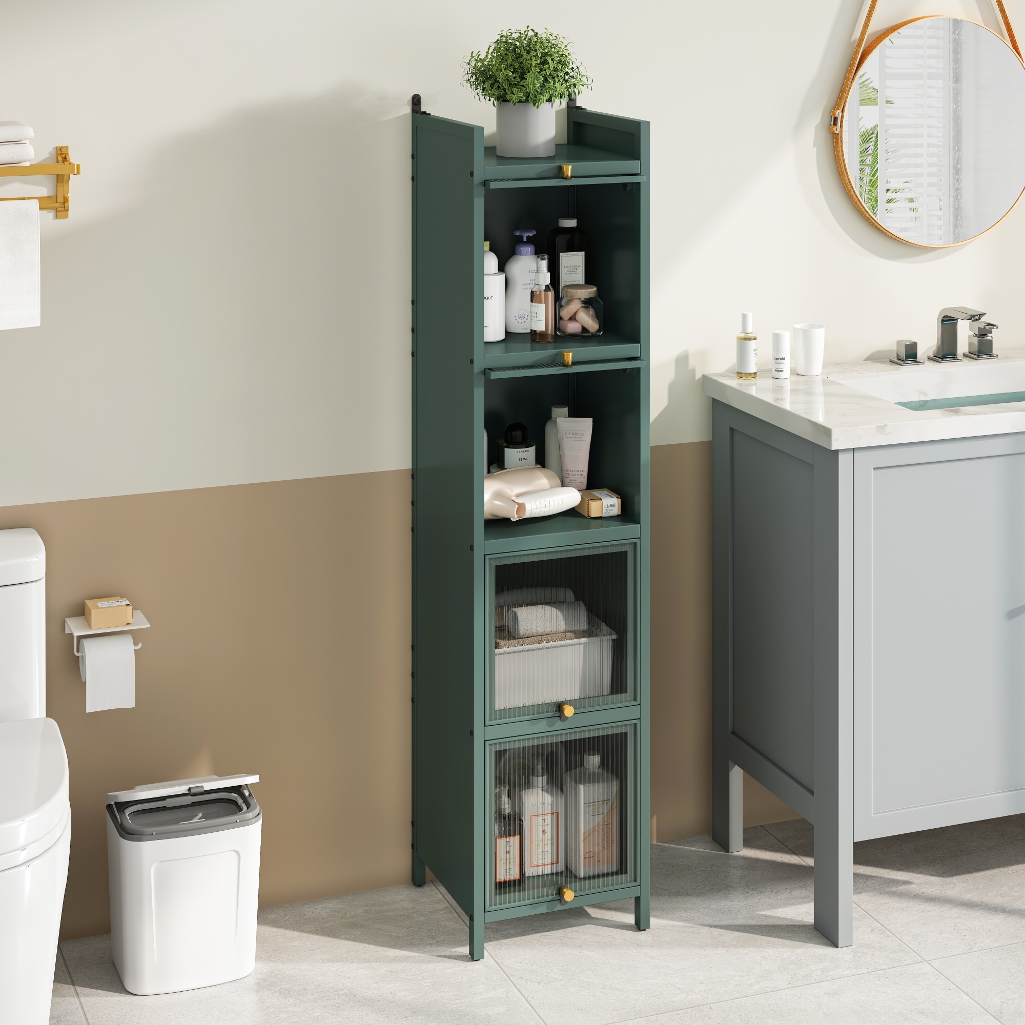 Glass Door Cabinet with Featuring Five-tier Storage,for Entryway Living Room Bathroom Dining Room