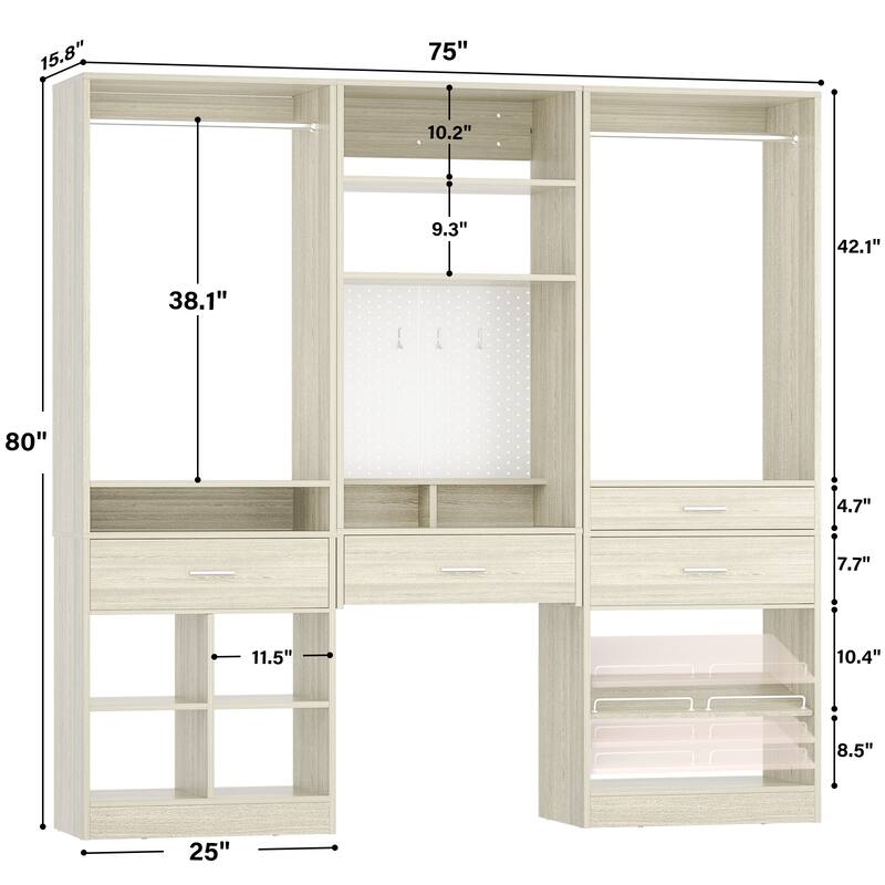 Set of 3 75'' Closet System with Metal Pegboard ＆ Shoe Rack ＆ Hanging Rods ＆ 4 Drawers, Space-saving Walk-in Closet Organizer