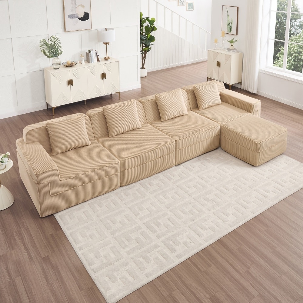 153.5" Modular Sectional Boneless Sofa with Throw Pillows and Ottoman