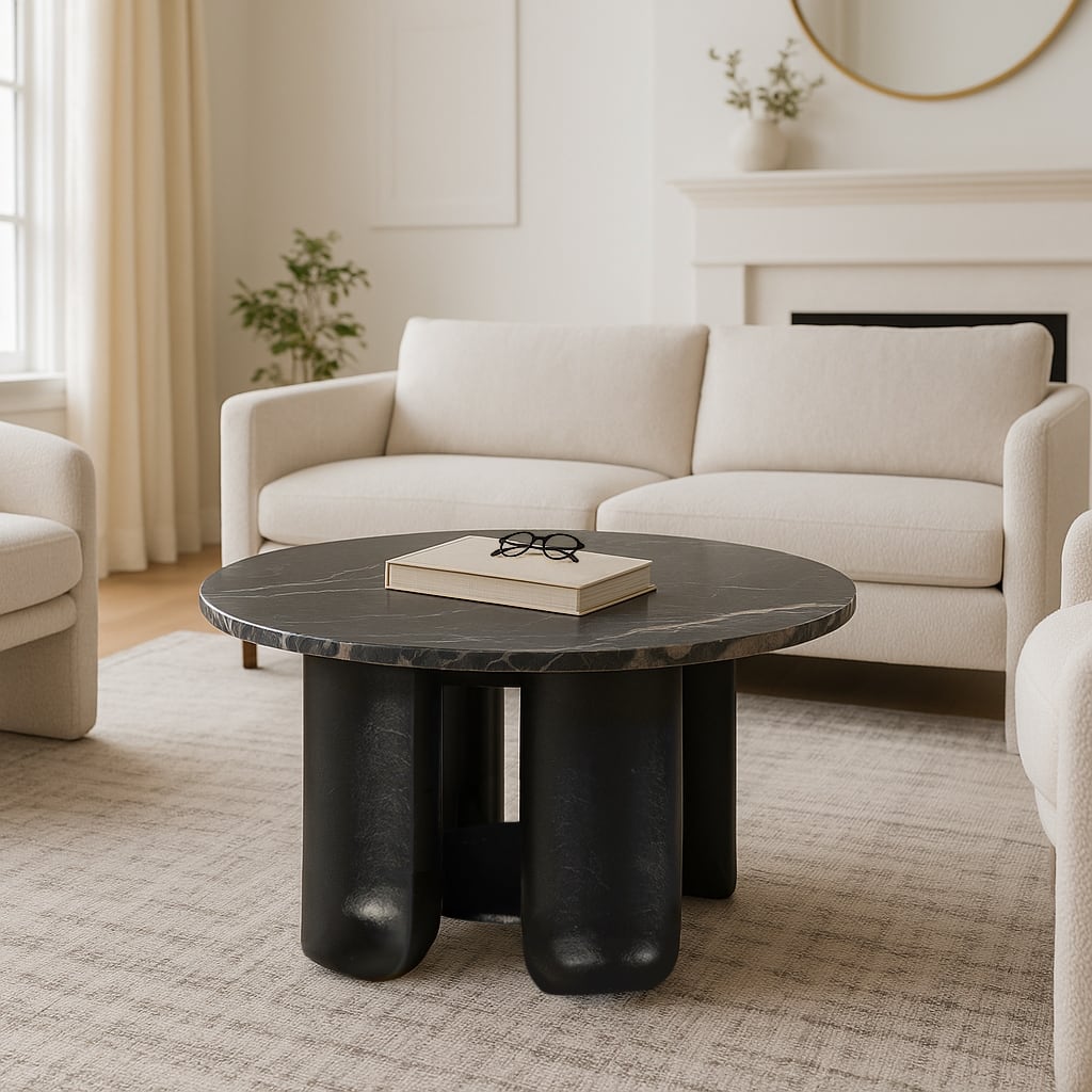 Marble Coffee Table Round Sculptural Pedestal - 30" Black - 30.0"