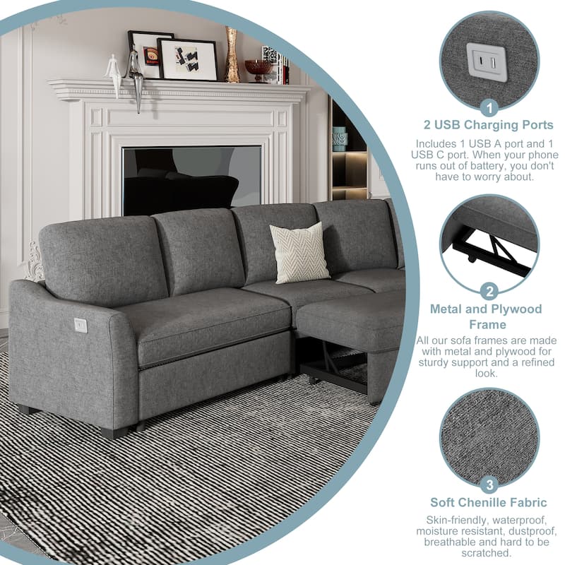 Sectional Sleeper Sofa with Pull-Out Bed Modern L-Shape Couch Bed with USB Charging Port