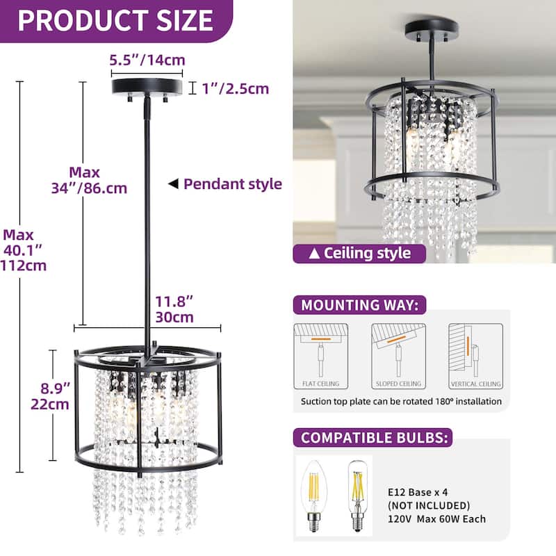 Round 4-Light Dining Room Crystal Light Chandelier Fixture for Kitchen Island Dining Room