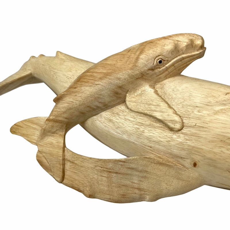 Carved Teak Wood Humpback Whale And Baby Tabletop Statue 20 Inch - 5.75 X 20 X 7.25 inches