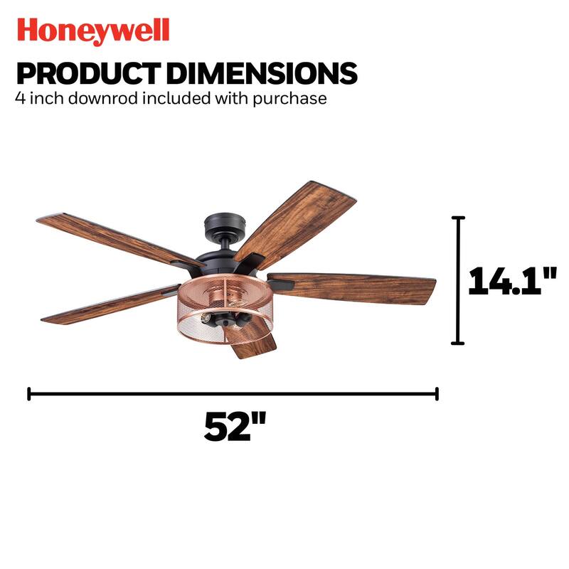 52" Honeywell Carnegie Matte Black/Copper Industrial Farmhouse LED Ceiling Fan with Light and Remote Control