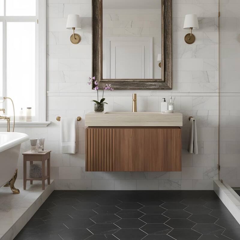 Mondern Floating Bathroom Vanity with 1 Pre-drilled Faucet Holes - 36 - Brown Oak