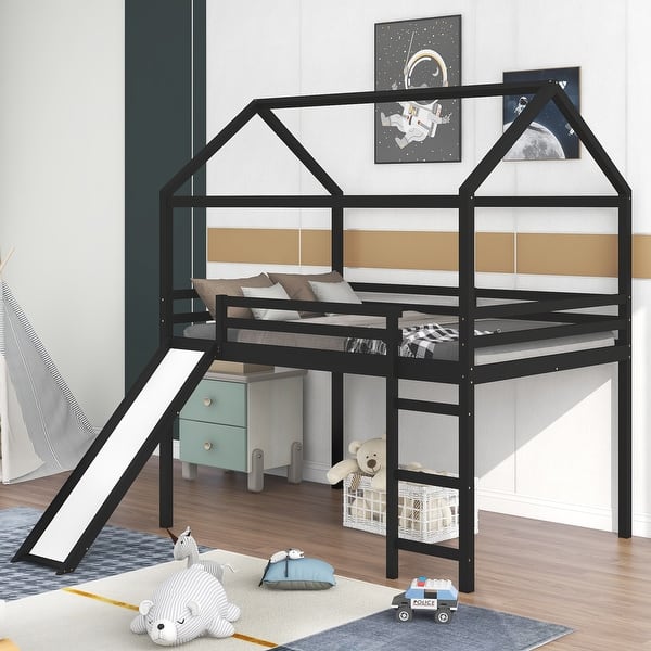 slide 2 of 18, Stylish Full Loft Bed with Slide and Ladder, Solid Pine Wood Frame, Modern Design Espresso