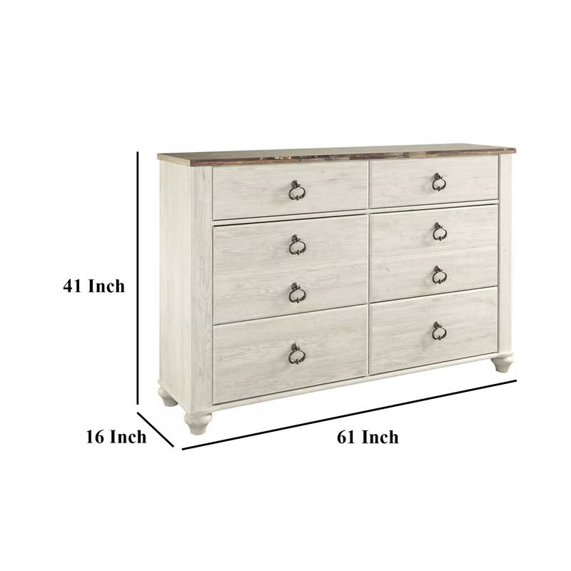 Isla Wide Dresser, 6 Drawers, Brown Wood Finish Top, Rustic Whitewash