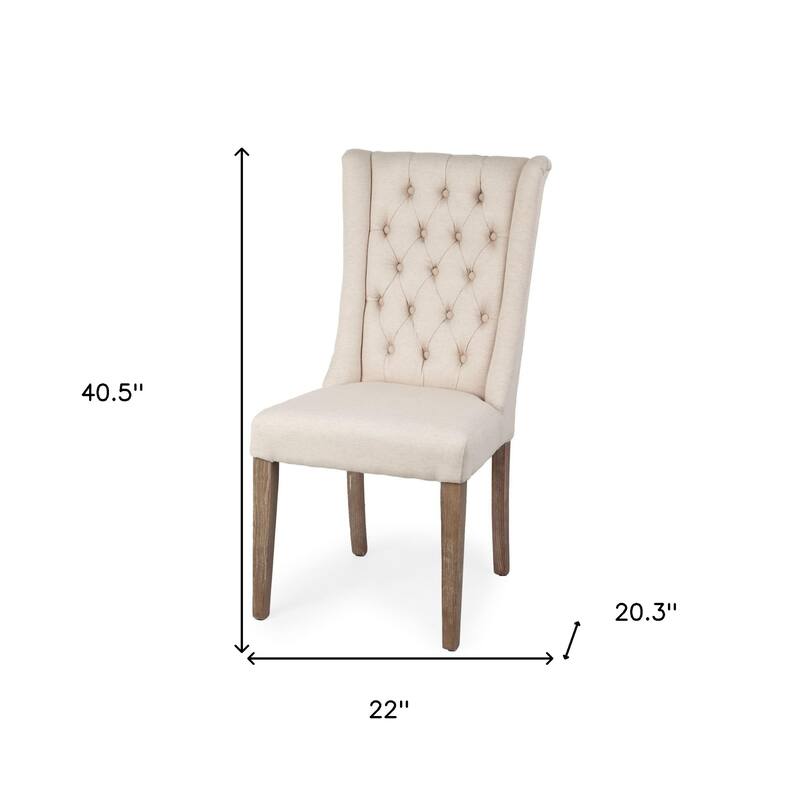 Cream Linen Tufted Wing Back Side Chair, Brown Wood Legs - 20.3” L x 22” W x 40.5” H