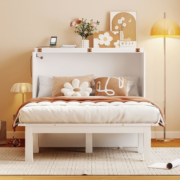 slide 2 of 12, White Full Murphy Bed with USB Port and removable Shelves on Each Side White - Full