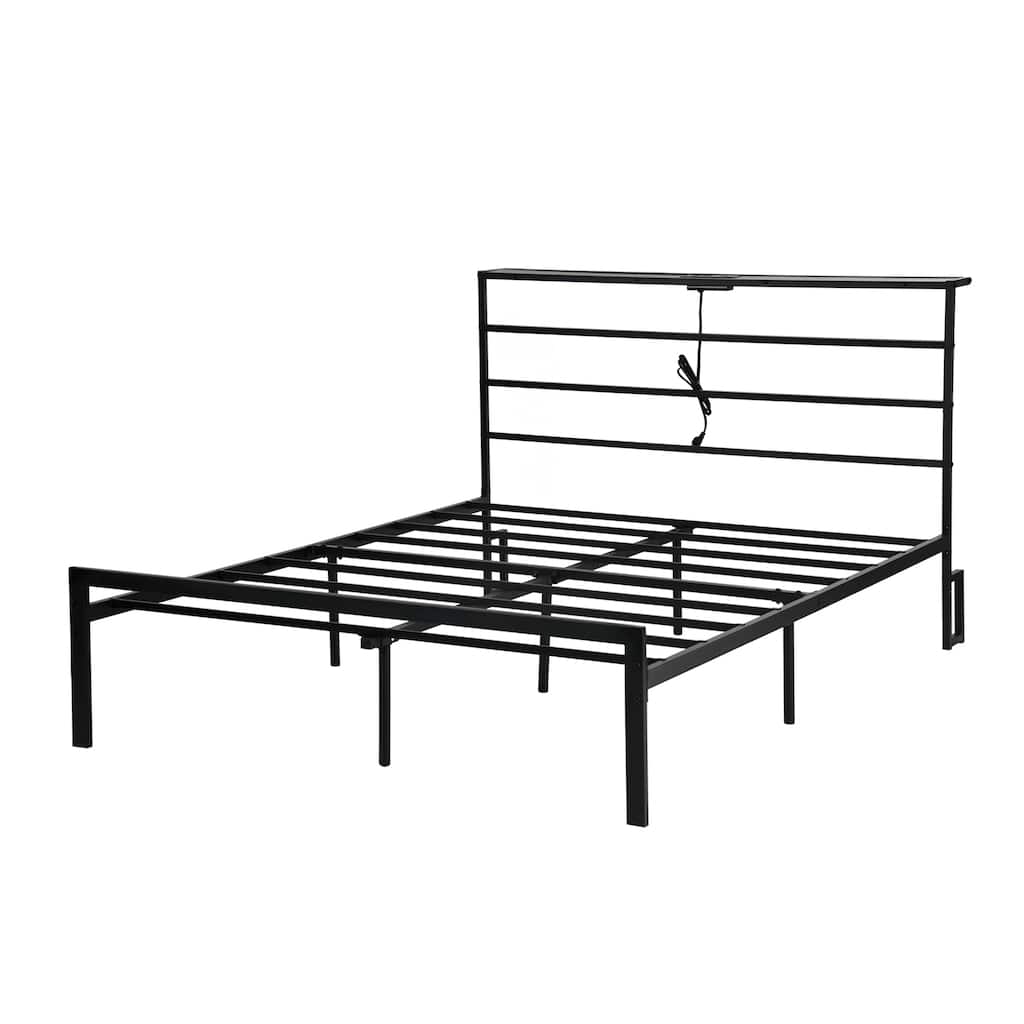 Full Metal Bed Frame with LED Lights & Charging Station, Storage Headboard, No Box Spring Needed, Black