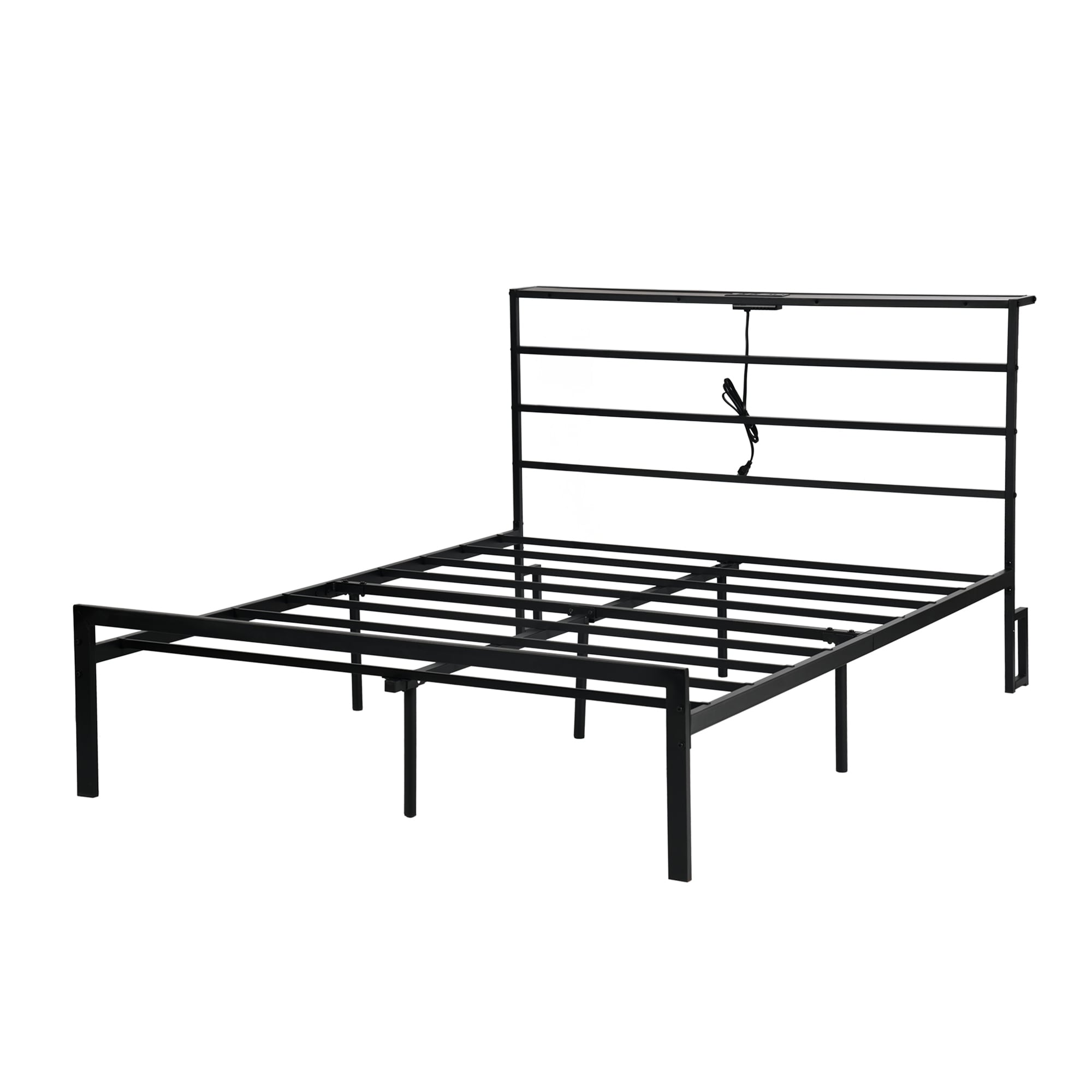 Full Metal Bed Frame with LED Lights & Charging Station, Storage Headboard, No Box Spring Needed, Black
