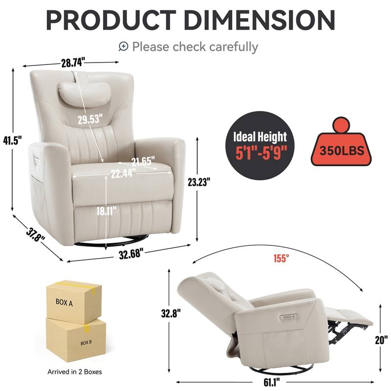 Swivel and Rocker Power Recliner Chair w/Lumbar & Neck Support Pillow - Beige+Grey