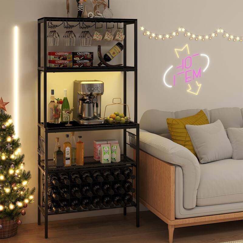 Gymax 3-Tier Wine Rack Coffee Bar Station w/Power Outlets Hooks Glass