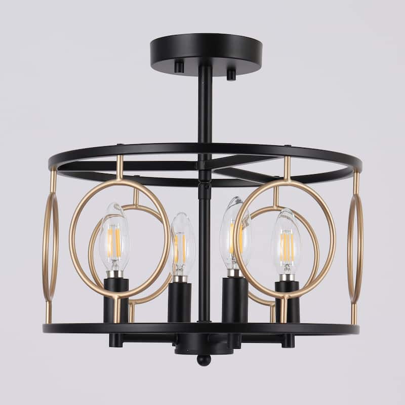 Zenith Modern Farmhouse 4-Light Drum Semi-flush Mount Black Gold Metal Lantern Foyer Kitchen Lights - D 13" x H 13.5"