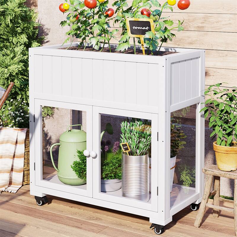 35.4" Wood Garden Greenhouse with Wheels,2 Doors and Liner - Portable