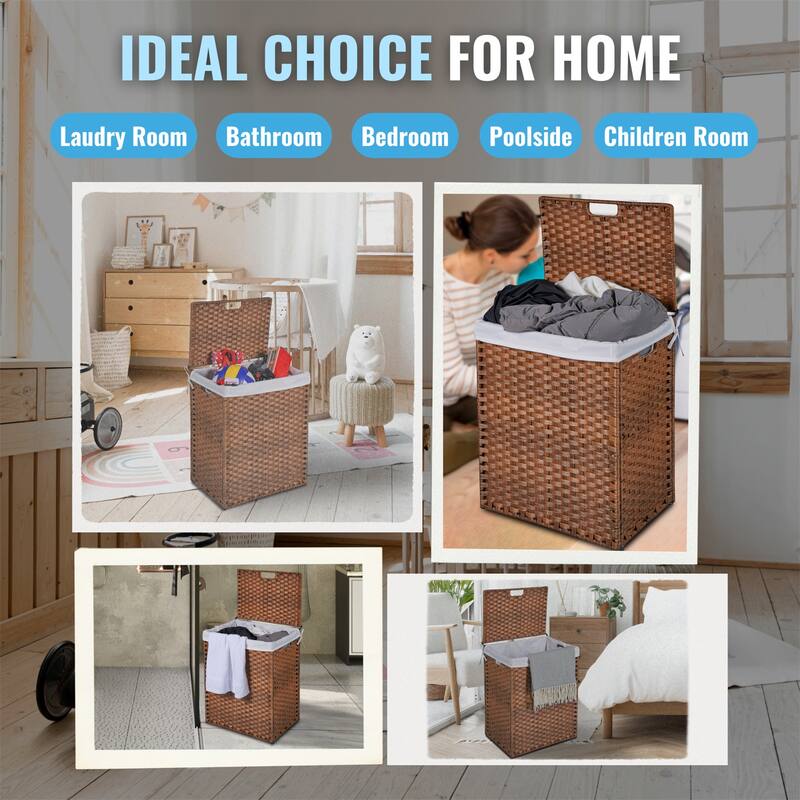 PE Rattan Laundry Hamper With Lid, Portable 100L Clothes Hampers with 2 Removable Bags