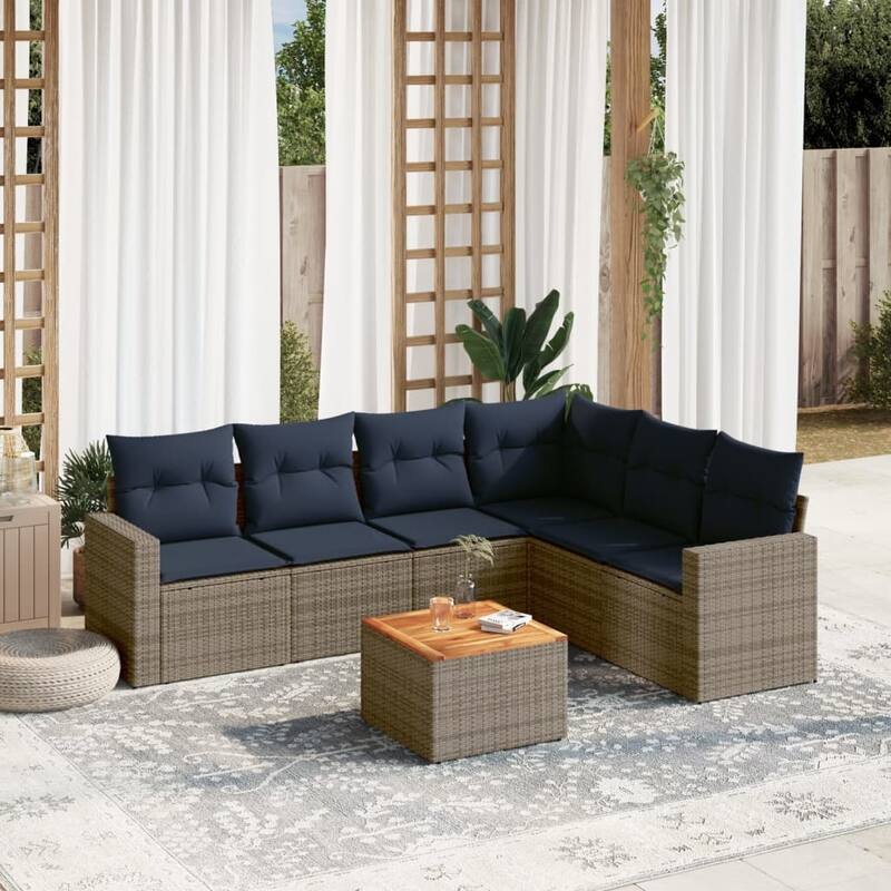 vidaXL Patio Sofa Set with Cushions Outdoor Furniture 7 Piece Poly Rattan - 25.8x 24.4x 27.2 - Grey-3x middle+Table+corner