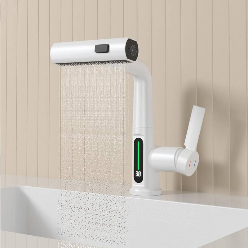 Single Handle LED Bathroom Faucet with Pull-Out Lift Waterfall Smart Temperature Digital Display Bathroom Sink Faucet White