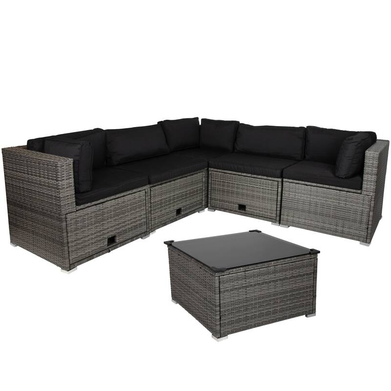 Taupe Outdoor Wicker Lounge Sectional Set with Coffee Table and Glass Top