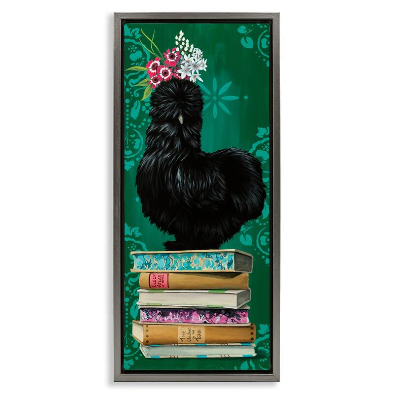 Stupell Country Chicken on Bookstack Framed Floater Canvas Wall Art Design By Heather Gauthier - 11 x 25 - Grey