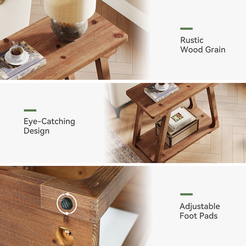 Narrow Side Table Solid, Wood End Table with 2-Tier Storages