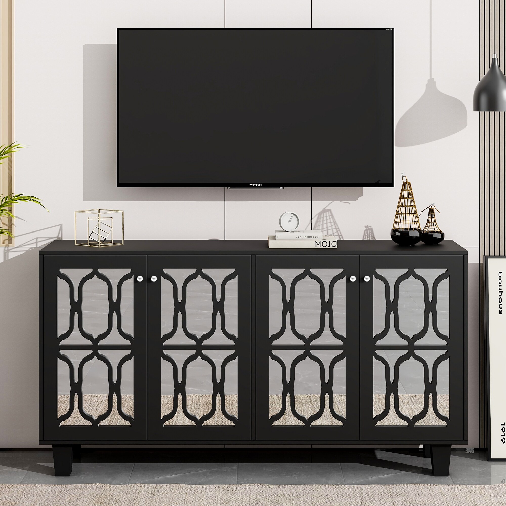 Elegant Black Carved TV Stand with Natural Wood Frame main image 0