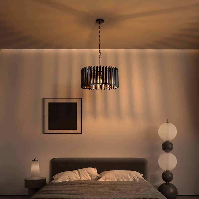 Modern Industrial Black Slatted Drum Pendant Light Fixture - Dia.19.69-in