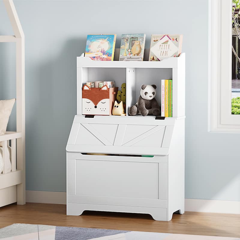 Kids Bookshelf and Toy Storage Organizer Wooden Toy Box Chest