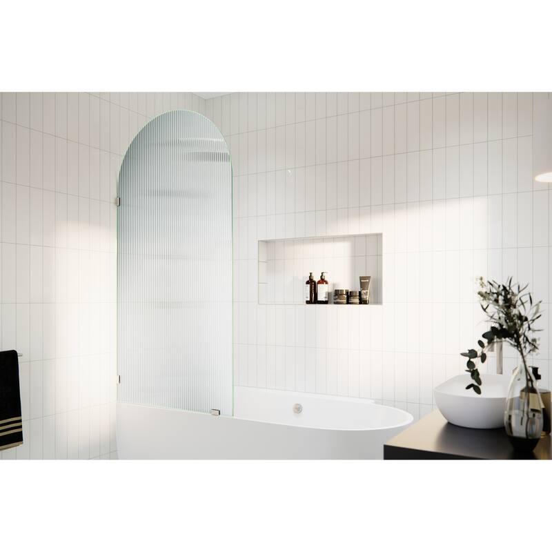 Venus 34 in. x 66.75 in. Single Fixed Frameless Arched Fluted Frosted Bathtub Panel - Brushed Nickel
