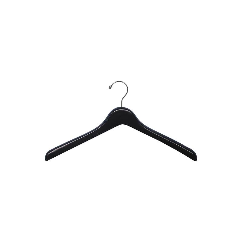 Deluxe Matte Black Wooden Coat Hanger, 17" Length x 1" Thick Chrome Hook Box of 12