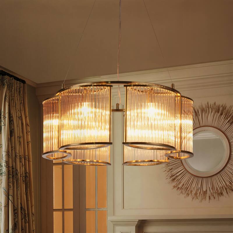 Modern Glam 6-Light Clear Glass Drum Chandelier for Living/Dining Room - Gold