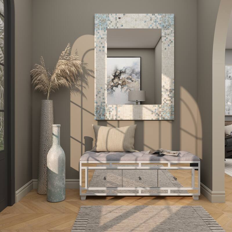 Gray Velvet Mirrored 3 Drawer Room Storage Bench with Upholstered Seat