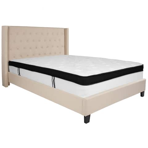 Set of 2 Beige and White Tufted Queen Size Platform Bed with Memory Foam Mattress 86"