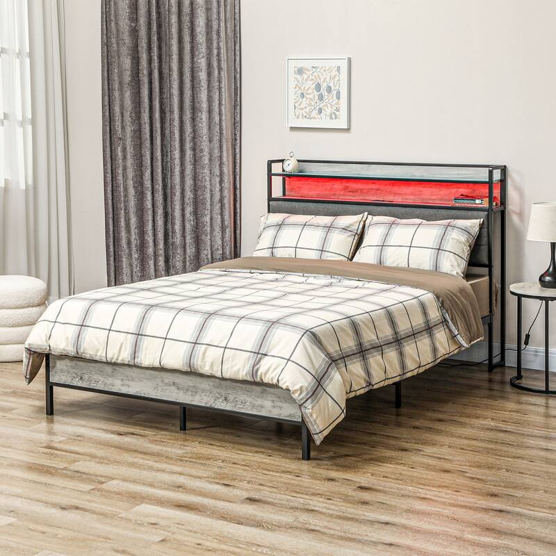 Full Size Platform Bed with RGB Lights, Charging Station & LED Headboard