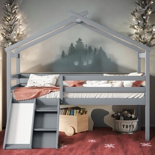 Modern Twin Size Low Loft Bed with Slide and Ladder and Safety Guardrails and House Roof for Bedroom