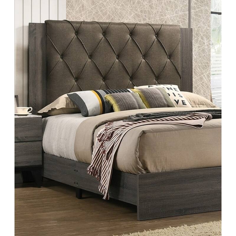 Queen Size Tufted Headboard Bed Frame in Gray Finish with Rubberwood Design