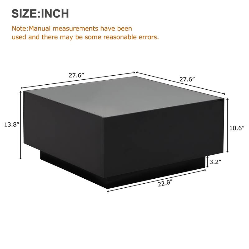 27.5" High Glossy Square Coffee Table with LED Lights, Modern Center Table with Frosted Tempered Glass Top for Living Room