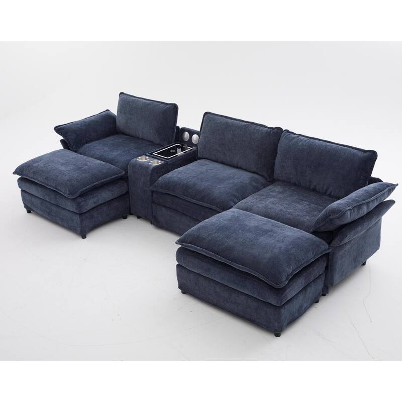 Modular Sectional Sofa, U Shaped Couch with 2 Ottomans, Storage Console & Wireless Charging, 2 Cup Holders, Bluetooth Speakers