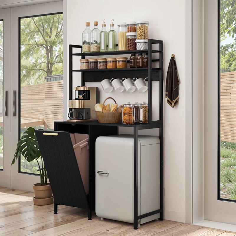 Kitchen Baker's Rack with Mini Fridge Space Trash Can Cabinet and Charger Station for Dorm or Small Space Organization