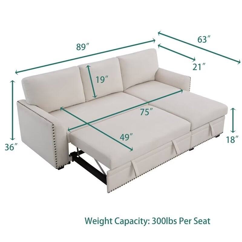 Morden Fort Reversible L-Shaped Sofa Bed with Storage - Velvet Upholstery, Button Tufting, and Nailhead Trim
