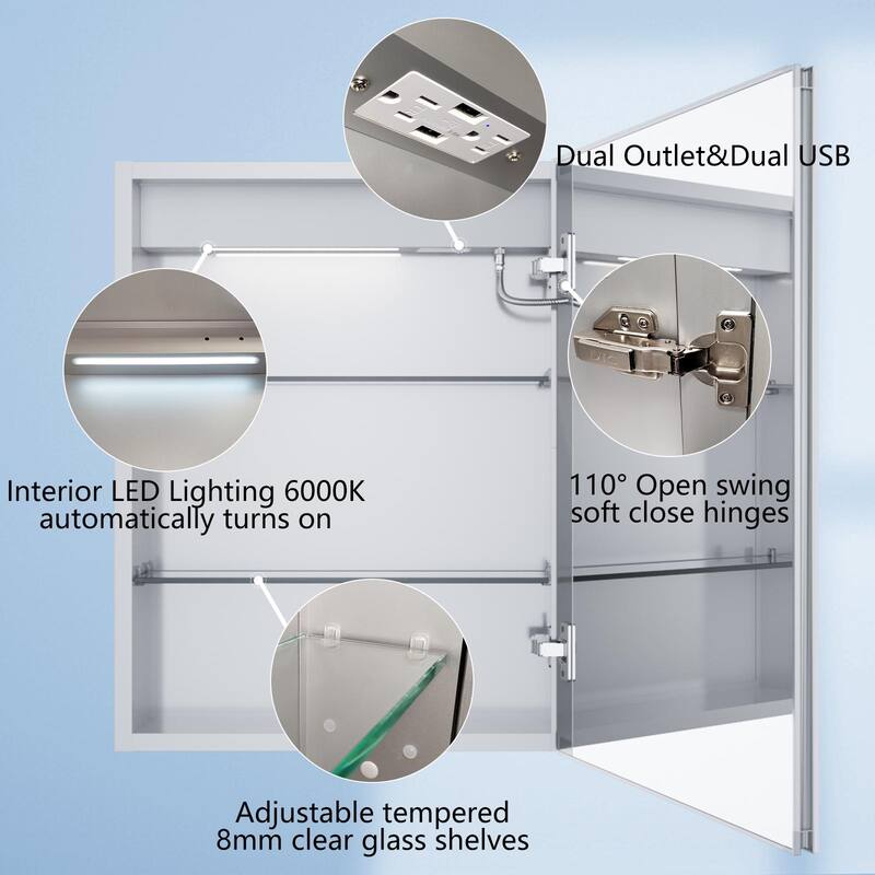 ExBrite LED Lighted Bathroom Medicine Cabinet with Mirror,Recessed or Surface Mount, Defog