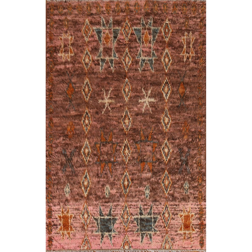 Hand Knotted Oriental 100% Wool Carpet Modern Tribal Pink Moroccan Area Rug - 9' 0'' X 5' 9''