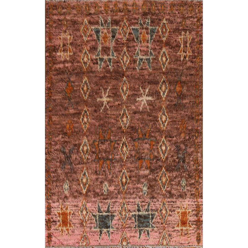 Hand Knotted Oriental 100% Wool Carpet Modern Tribal Pink Moroccan Area Rug - 9' 0'' X 5' 9''