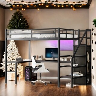 Metal Full XL Size LED Loft Bed with L-shaped Desk and USB,Wardrobe ...