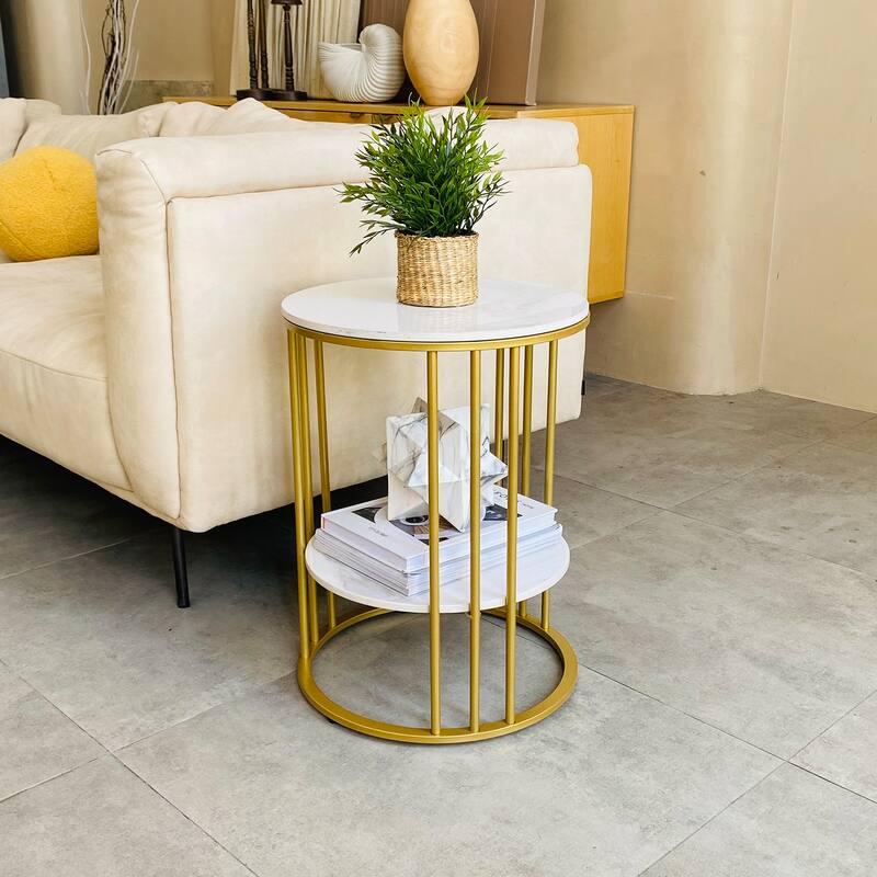 2 Tier Round Sintered Stone End Table Sofa Side Table with Golden Frame - Gold
