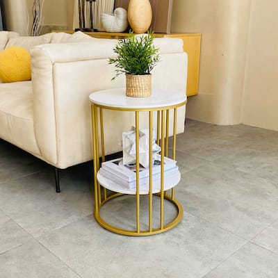 2 Tier Round Sintered Stone End Table Sofa Side Table with Golden Frame